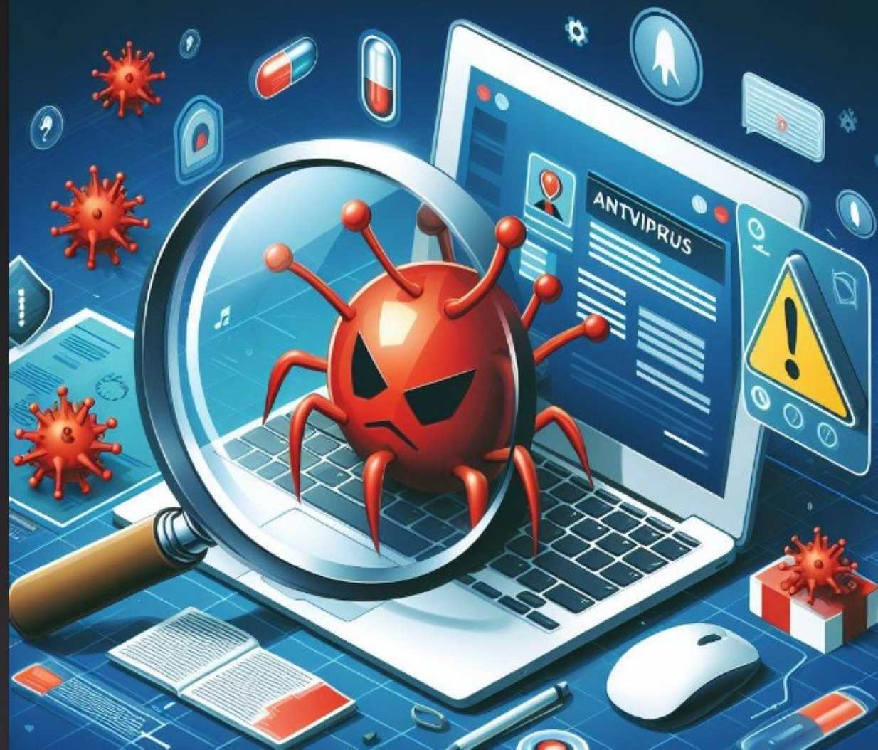 Ordenador analizando con un antivirus y una lupa un virus informaticos
